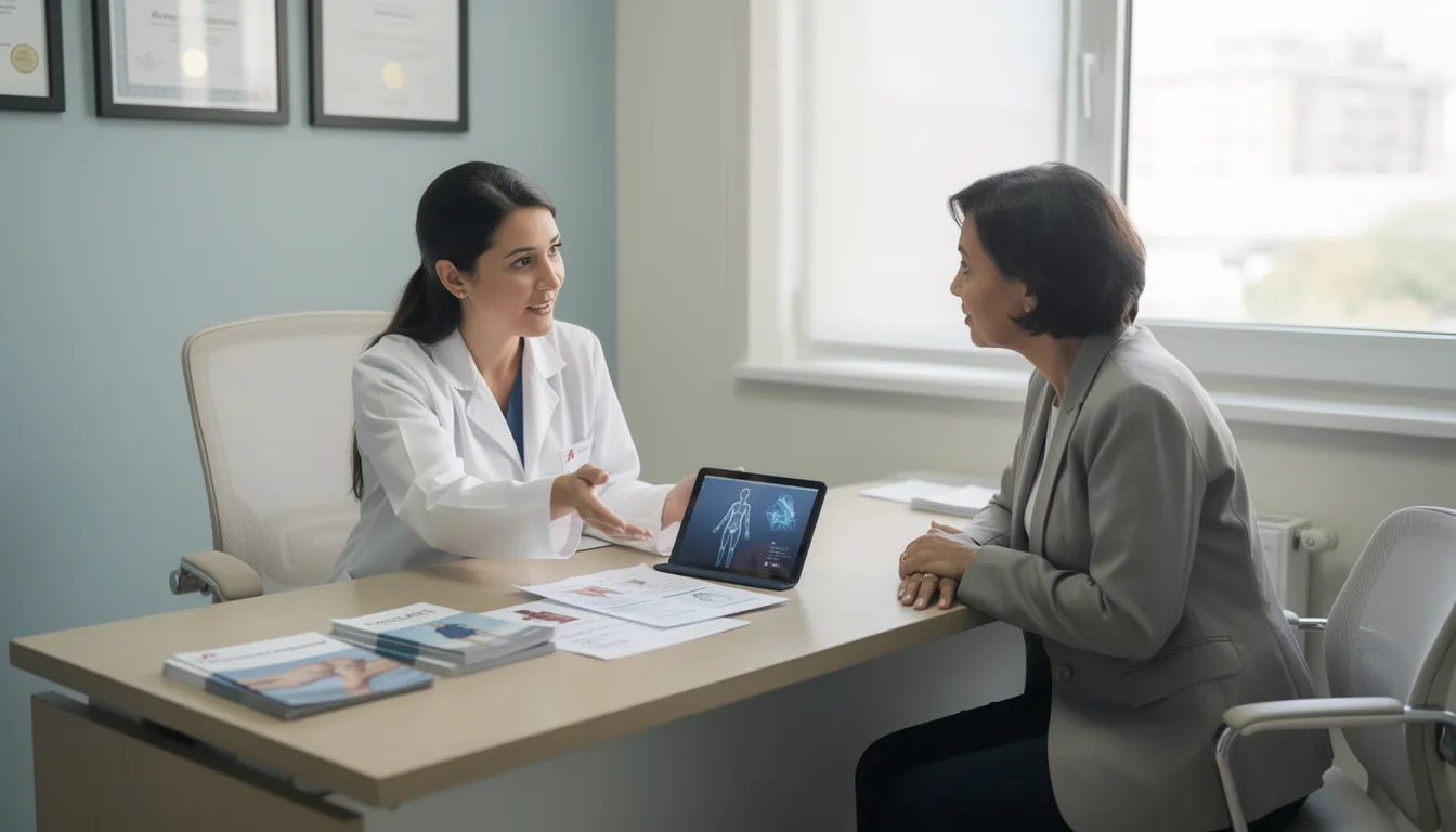 The image depicts a professional consultation where a practitioner is attentively explaining various aesthetic treatment options to a patient. The scene highlights the importance of a comprehensive consultation to create a personalized treatment plan that addresses specific skin concerns, such as acne scars and uneven skin tone, ensuring the patient understands their options for improving overall skin health.