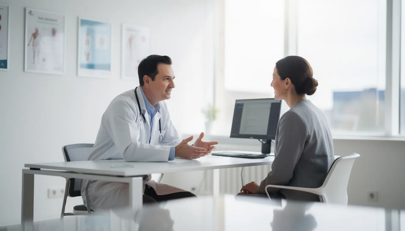 A professional doctor is consulting with a patient in a bright, modern clinic, discussing a treatment plan that may include aesthetic treatments like dermal fillers to improve skin texture and reduce signs of aging such as deep wrinkles and sagging skin. The atmosphere is welcoming, emphasizing the importance of skin health and achieving a more youthful appearance through effective cosmetic procedures.