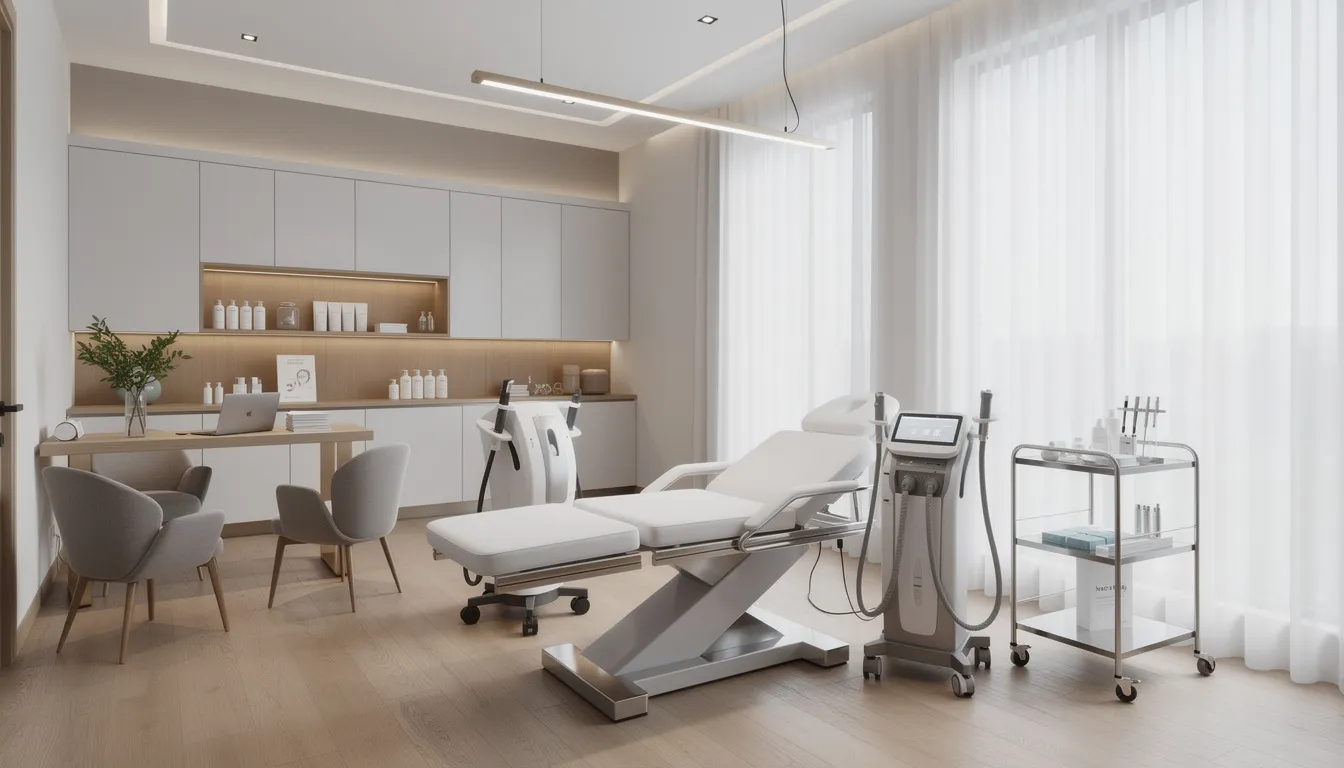 The image depicts a modern aesthetic clinic interior featuring advanced treatment equipment and dedicated consultation areas designed for personalized aesthetic treatments. The space reflects a commitment to skin health and tailored plans, emphasizing a holistic approach to achieving clients' aesthetic goals through thorough skin analysis and effective treatments.
