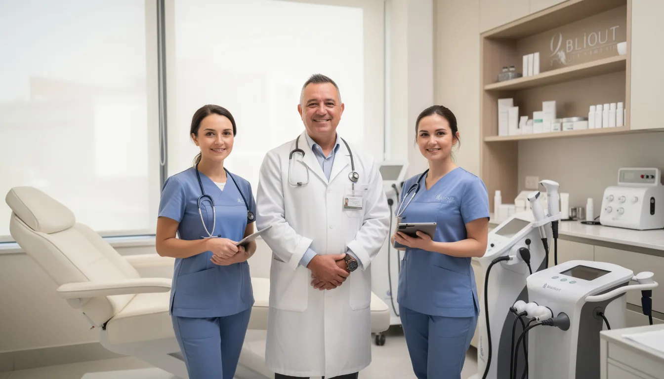 The image depicts a professional aesthetic clinic environment featuring a doctor and a clinical assistant engaged in a consultation. They are discussing skin health and aesthetic treatments, creating a welcoming atmosphere for patients seeking solutions for concerns like acne scars and skin rejuvenation.