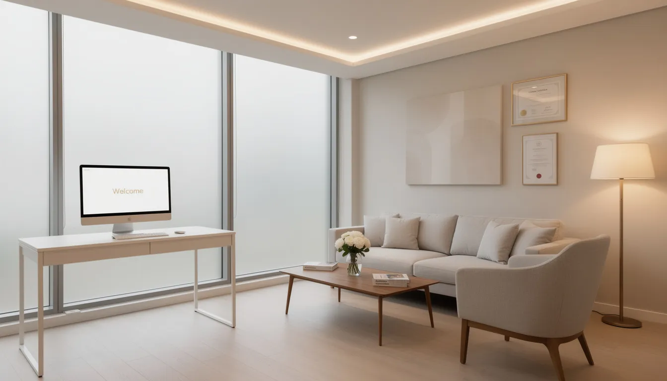 The image depicts a serene and modern aesthetic clinic consultation room, featuring comfortable seating and soft lighting that creates a welcoming atmosphere for patients. This space is designed for discussing aesthetic treatments such as skin rejuvenation and acne scar treatments, ensuring individuals feel comfortable during their beauty journey.