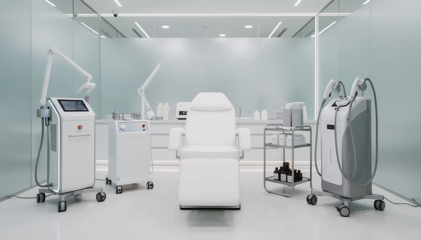 The image depicts a modern aesthetic clinic filled with various treatment devices, including tools for injectable fillers and laser treatments, designed to enhance skin texture and elasticity. The setting reflects a professional atmosphere where patients can receive consultations for cosmetic procedures aimed at improving their youthful appearance and addressing concerns like acne scars and sagging skin.