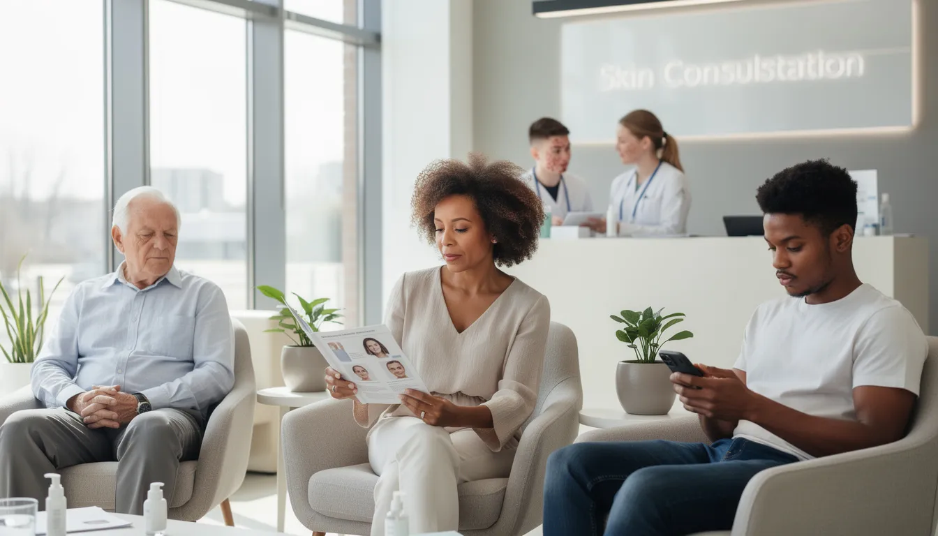 The image depicts a diverse group of individuals of varying ages and skin types seated in a consultation waiting area, highlighting the importance of personalized aesthetic treatments. This setting emphasizes the need for a thorough skin analysis and tailored treatment plans to address specific skin concerns and achieve desired aesthetic goals.