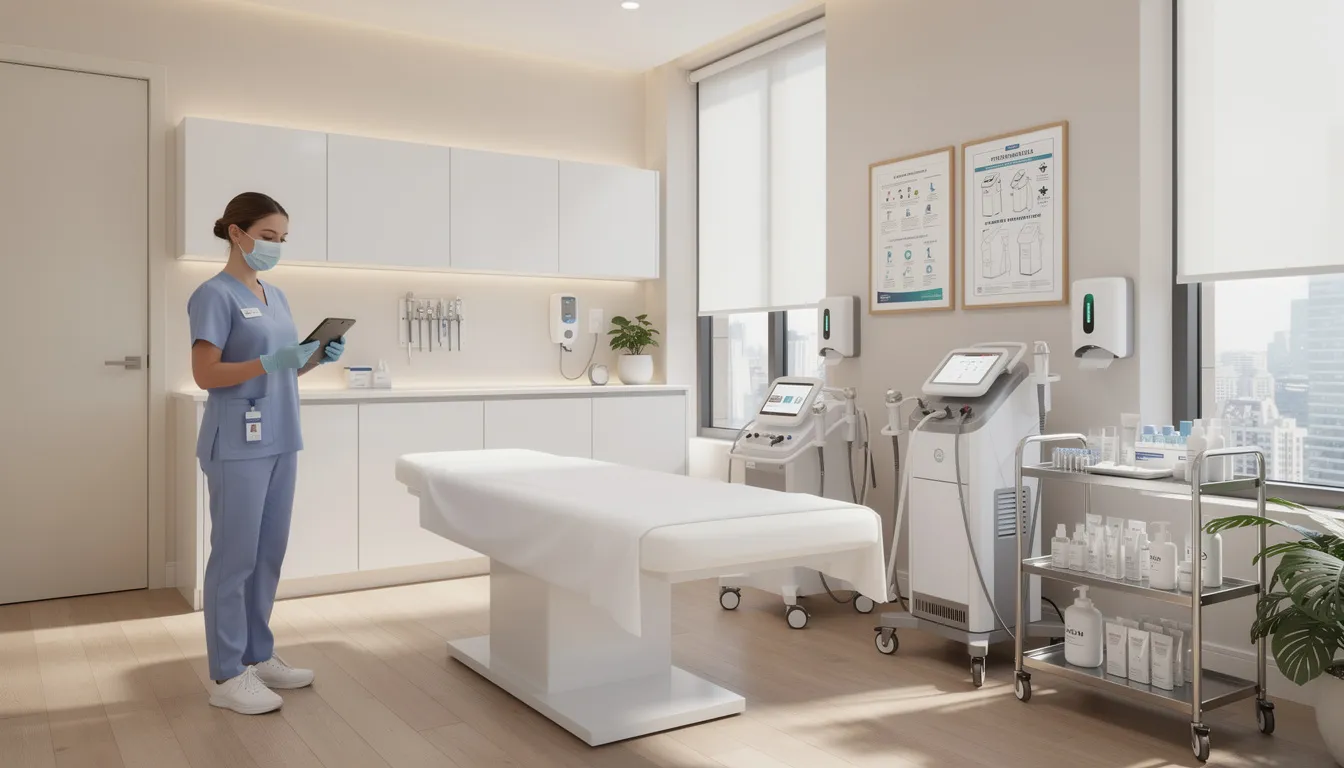 The image depicts a modern aesthetic clinic equipped with professional medical equipment and adhering to safety protocols. It showcases a clean and inviting environment where cosmetic procedures, such as injectable fillers and laser treatments, are performed to improve skin texture and achieve a more youthful appearance.