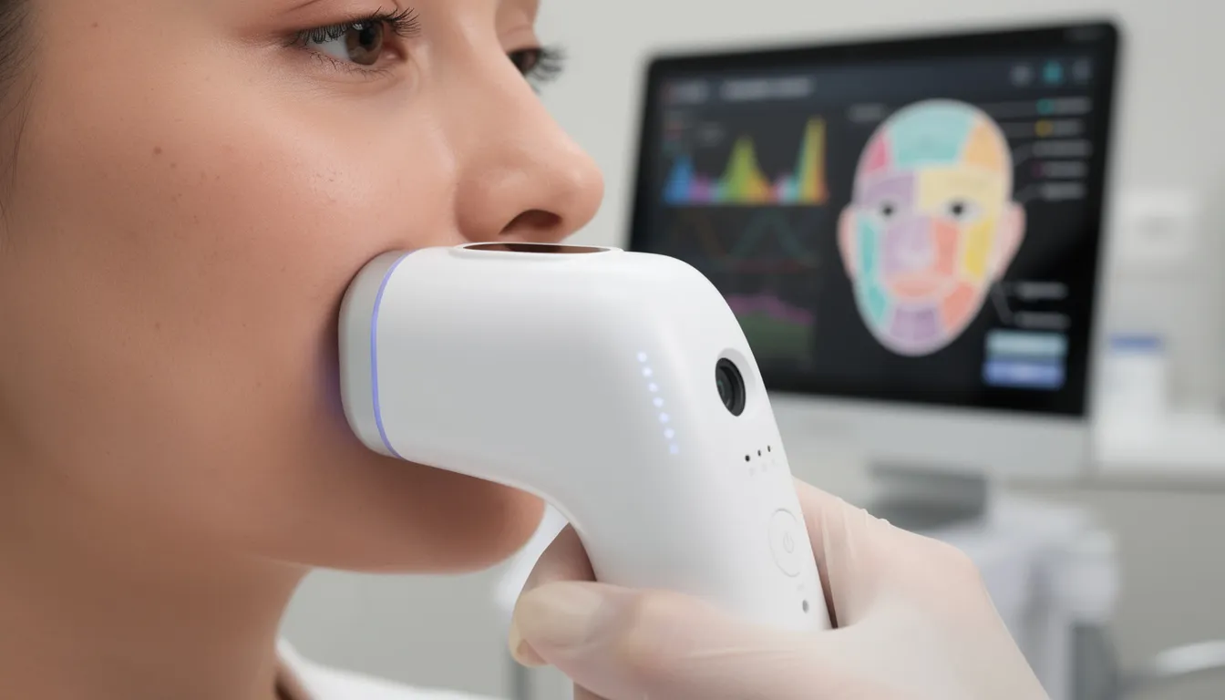 The image shows a close-up of advanced skin analysis technology being utilized during a comprehensive consultation, highlighting the importance of a thorough skin analysis for creating a personalized aesthetic treatment plan. This technology aids in evaluating skin type, texture, and specific concerns like acne scars, ensuring tailored treatments for optimal skin health and rejuvenation.