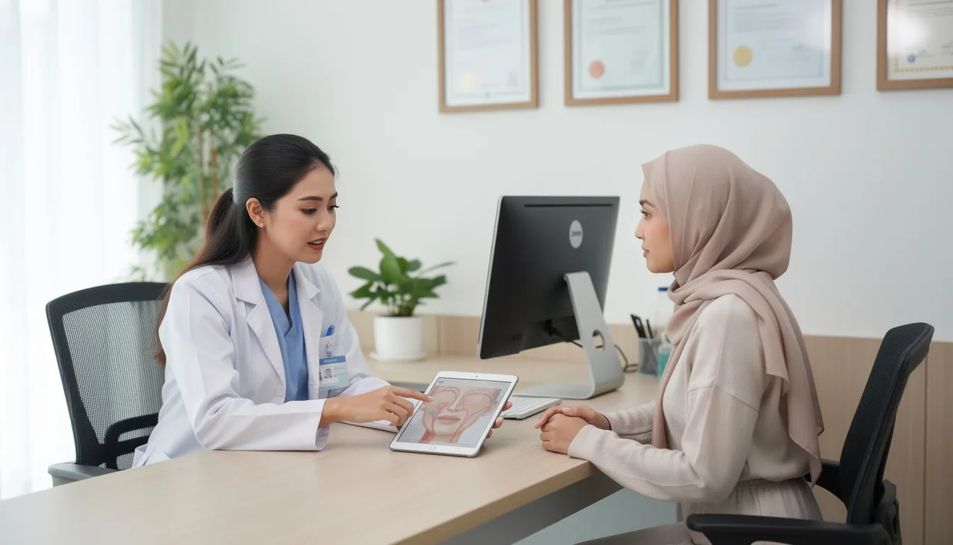 In a modern Malaysian aesthetic clinic, a highly skilled doctor consults with a patient about their skin concerns, focusing on tailored aesthetic treatments such as acne scar treatments and skin rejuvenation. The professional environment emphasizes the importance of achieving natural beauty and long-lasting results through comprehensive care and cutting-edge technology.