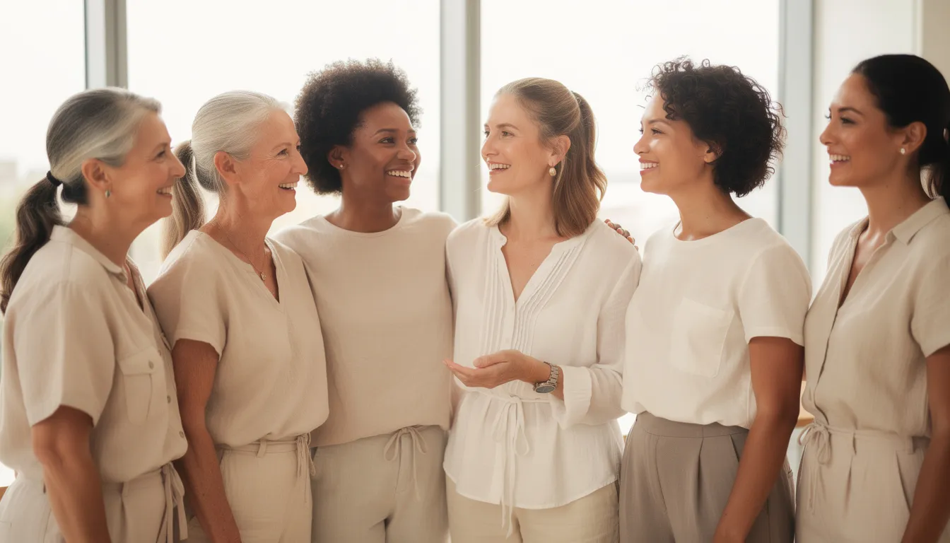A diverse group of women of various ages stands together in a bright setting, showcasing their natural beauty and healthy-looking skin. Their radiant skin texture reflects the benefits of personalised aesthetic treatments, emphasising skin health and rejuvenation.
