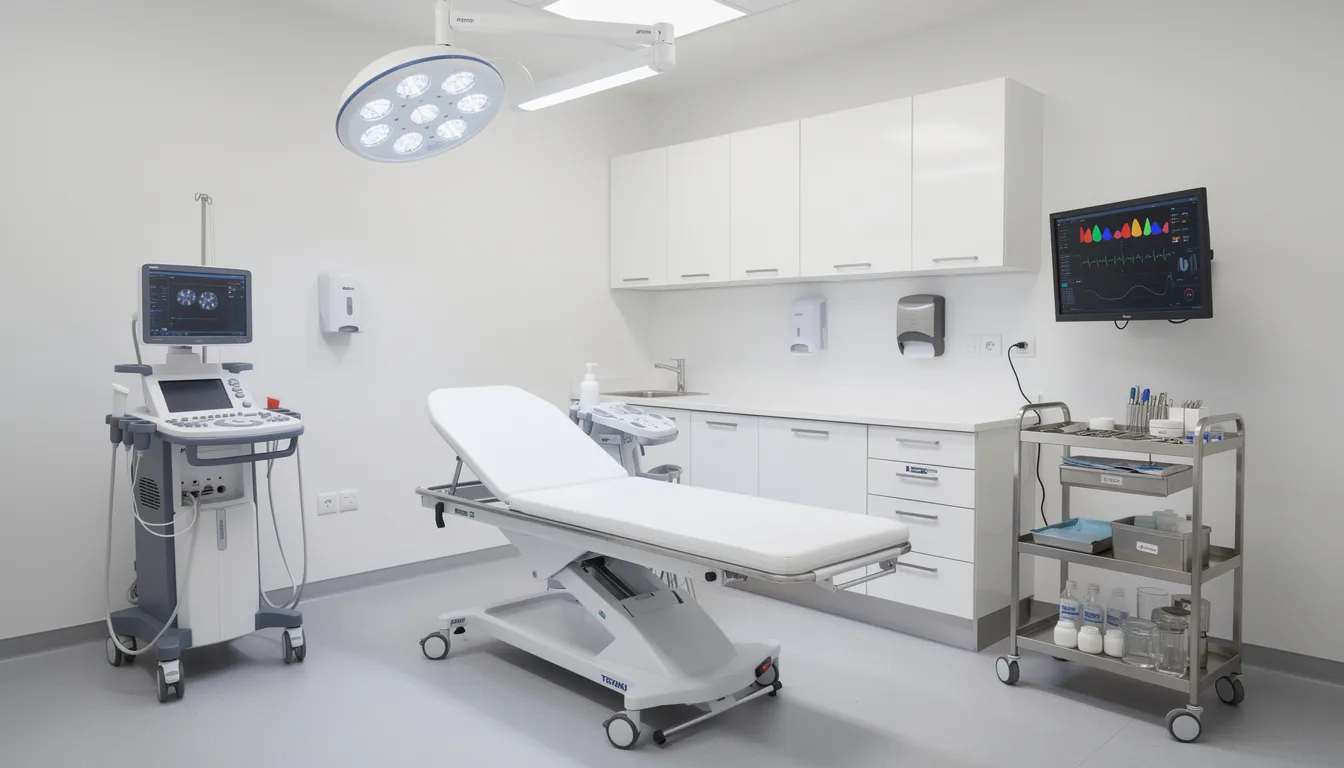 The image depicts modern medical equipment in a clean and professional clinic setting, showcasing cutting-edge technology used for high intensity focused ultrasound (HIFU) treatments aimed at skin rejuvenation and tightening. This non-invasive procedure stimulates natural collagen production, providing noticeable results for patients seeking to improve skin texture and lift sagging skin.