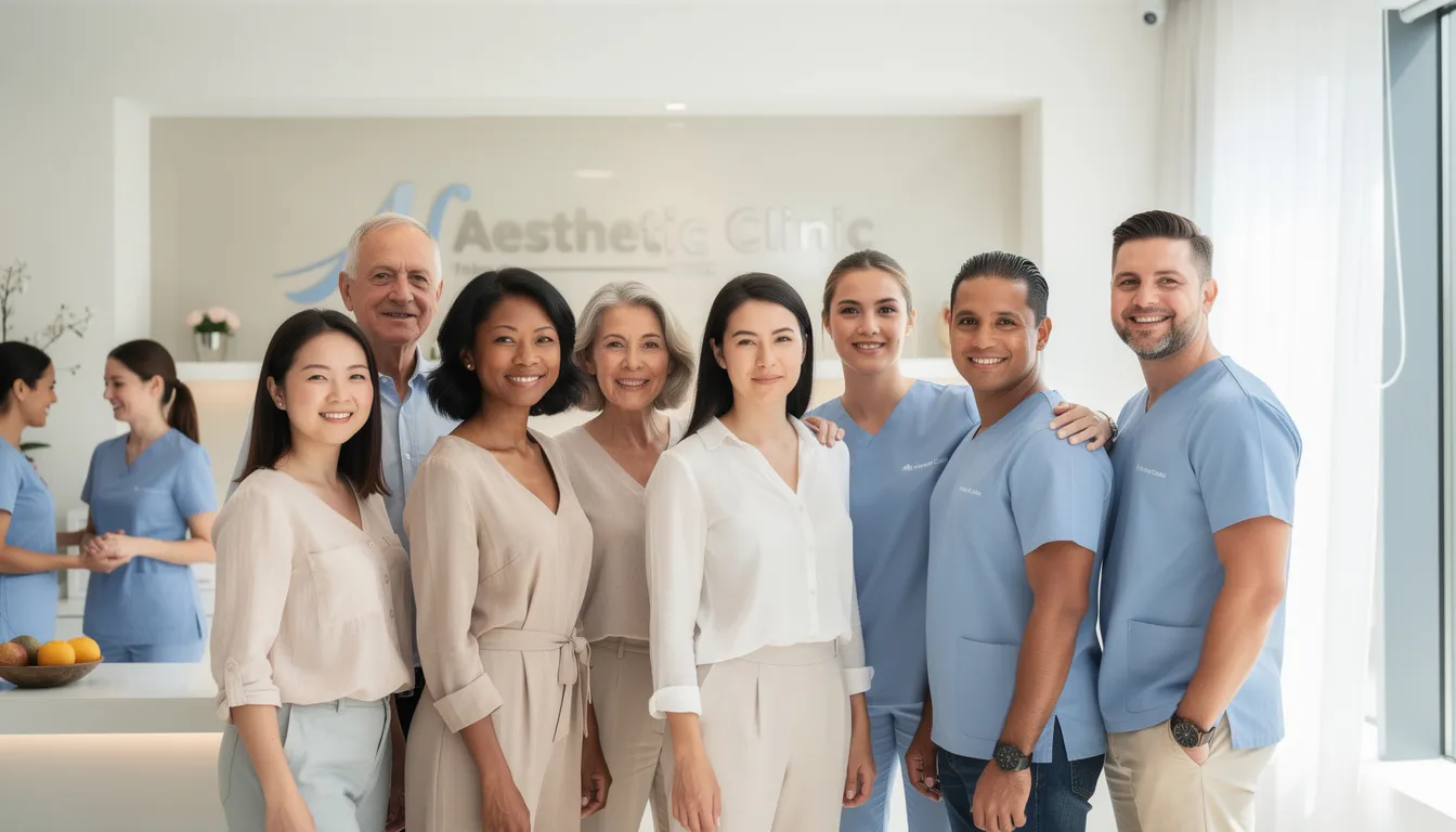 A diverse group of satisfied patients stands together, showcasing their natural confidence and happiness after undergoing aesthetic treatments at a well-maintained clinic. Their radiant skin reflects the successful outcomes of personalized procedures aimed at enhancing skin health and addressing various skin concerns, such as acne scars and wrinkles.