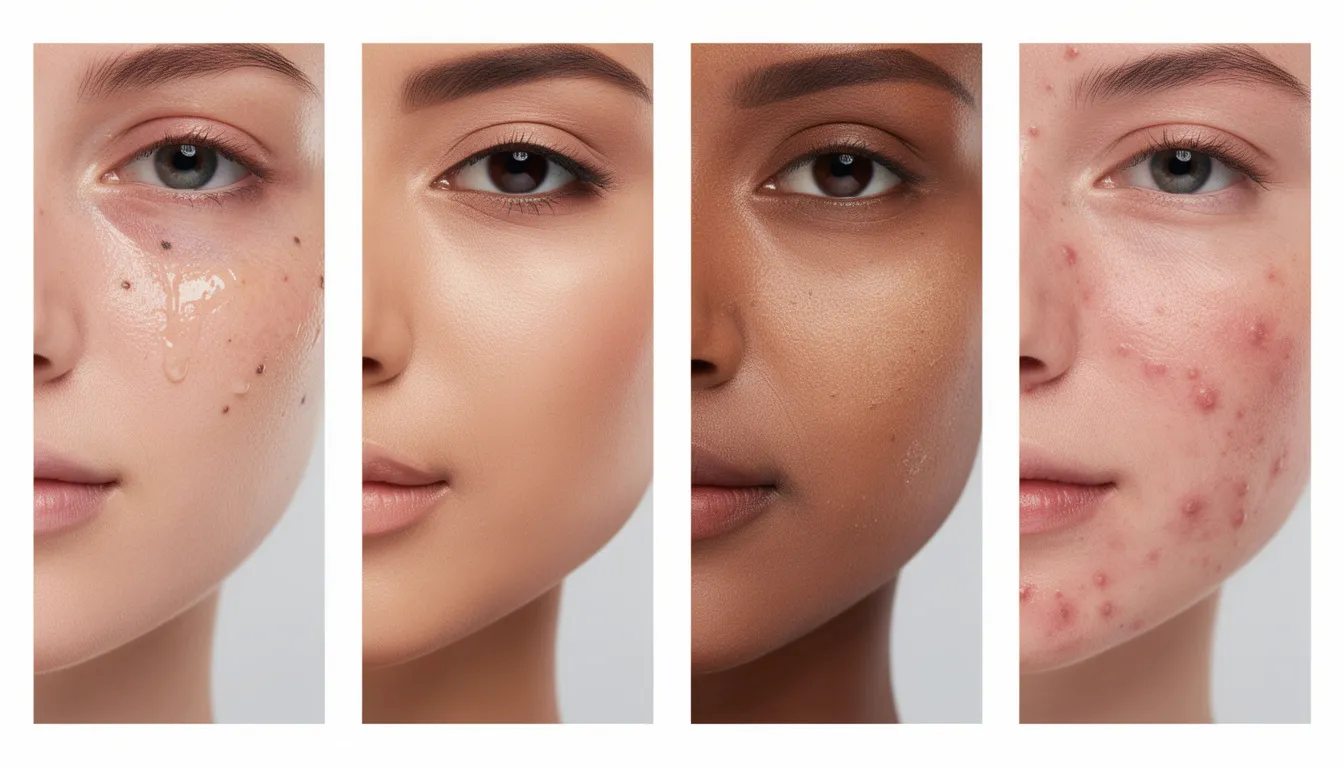 The image showcases a comparison of different skin types, highlighting variations in texture and characteristics such as acne scars, pigmentation, and signs of aging. This visual emphasizes the importance of personalized care in aesthetic treatments, as each skin type requires tailored approaches for effective skin health and rejuvenation.