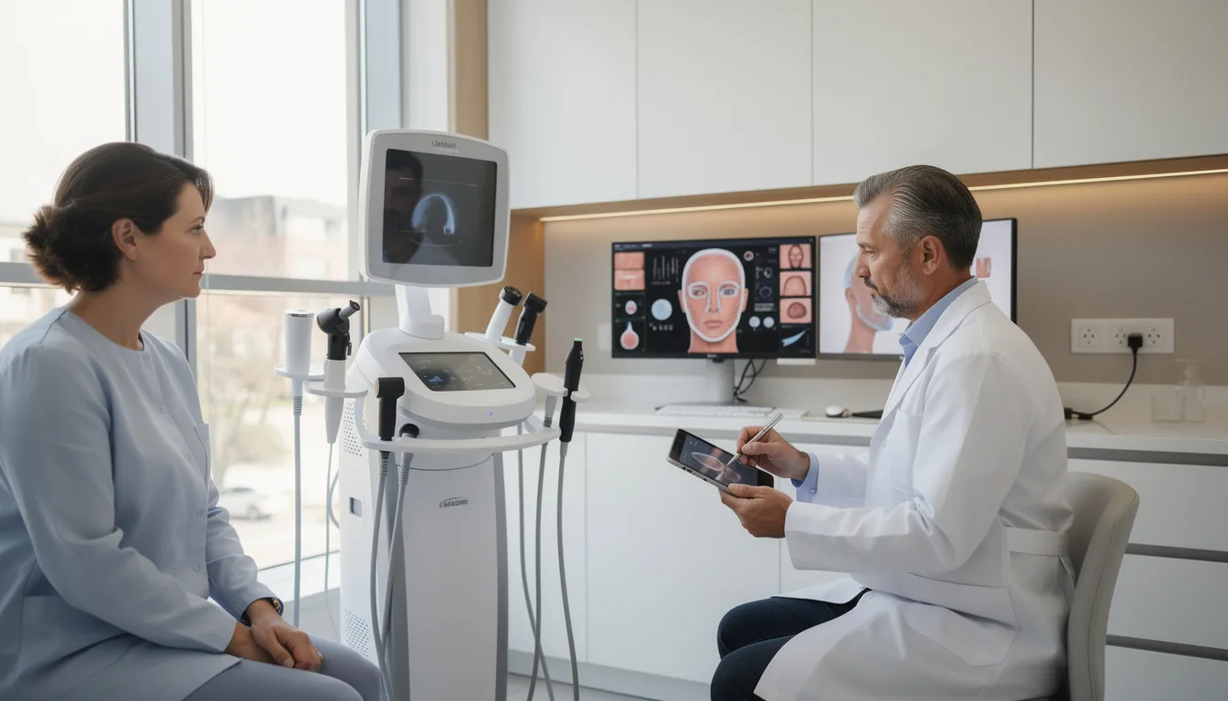 An experienced aesthetic doctor is conducting a consultation in a well-maintained clinic, utilizing advanced diagnostic equipment to assess the patient's skin health and discuss tailored treatment plans for aesthetic goals, including acne scar treatments and skin rejuvenation. The atmosphere is welcoming, ensuring patients feel comfortable while exploring a comprehensive range of aesthetic treatments.