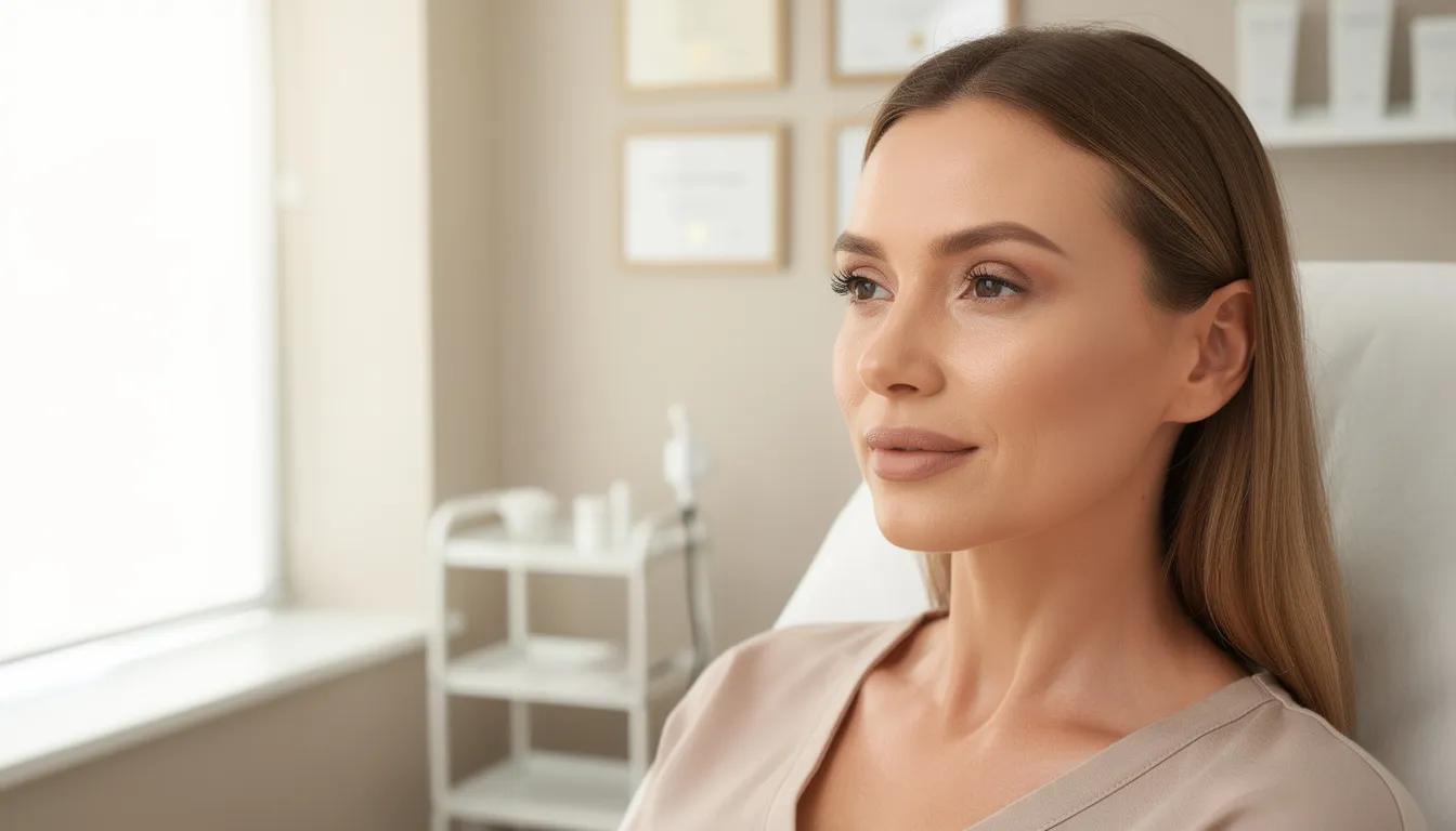 A patient is smiling confidently, showcasing their natural beauty after receiving subtle aesthetic treatments aimed at improving skin health and addressing concerns like acne scars. The image reflects the positive outcomes of cosmetic procedures performed by highly skilled doctors in a well-maintained aesthetic clinic.