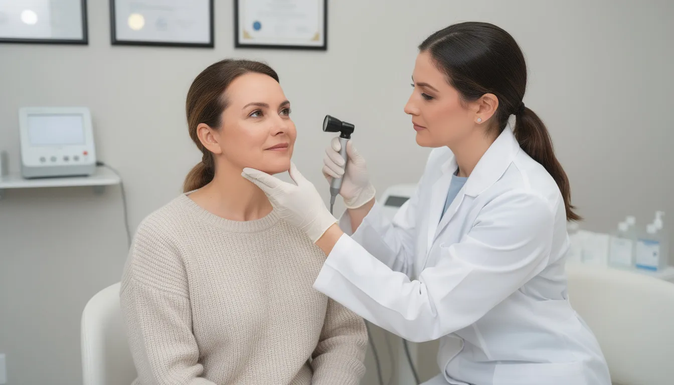 A doctor is conducting a professional aesthetic consultation with a patient, examining their skin to discuss potential cosmetic procedures such as injectable fillers and acne scar treatments. The consultation focuses on improving skin texture and addressing concerns like sagging skin and wrinkles, while considering the patient's medical history and lifestyle habits.