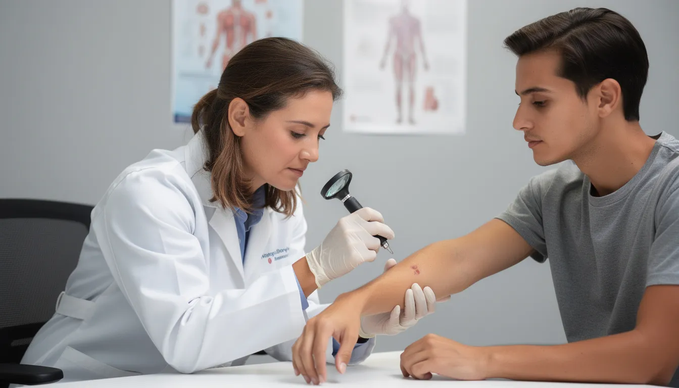 A doctor is examining a patient's skin using a magnifying device during a consultation, assessing skin texture and discussing potential cosmetic procedures like dermal filler treatment and laser treatments to improve skin quality and reduce fine lines. The setting suggests a focus on personalized treatment plans to enhance the patient's youthful appearance and overall skin condition.
