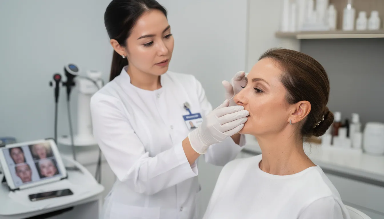 A licensed practitioner is conducting a detailed facial assessment in an aesthetic clinic, focusing on the patient's skin health and specific concerns such as acne scars and signs of aging. This personalized care aims to provide effective aesthetic treatments that enhance natural beauty and achieve exceptional results.