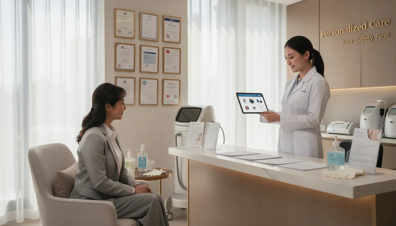 The image depicts a professional aesthetic clinic setting, highlighting a clean and safe environment where experienced doctors and nurses provide personalized care for a comprehensive range of aesthetic treatments. The focus is on enhancing natural beauty through effective treatments like acne treatment, skin rejuvenation, dermal fillers, and collagen stimulation, ensuring all clients achieve exceptional results tailored to their individual skin health needs.