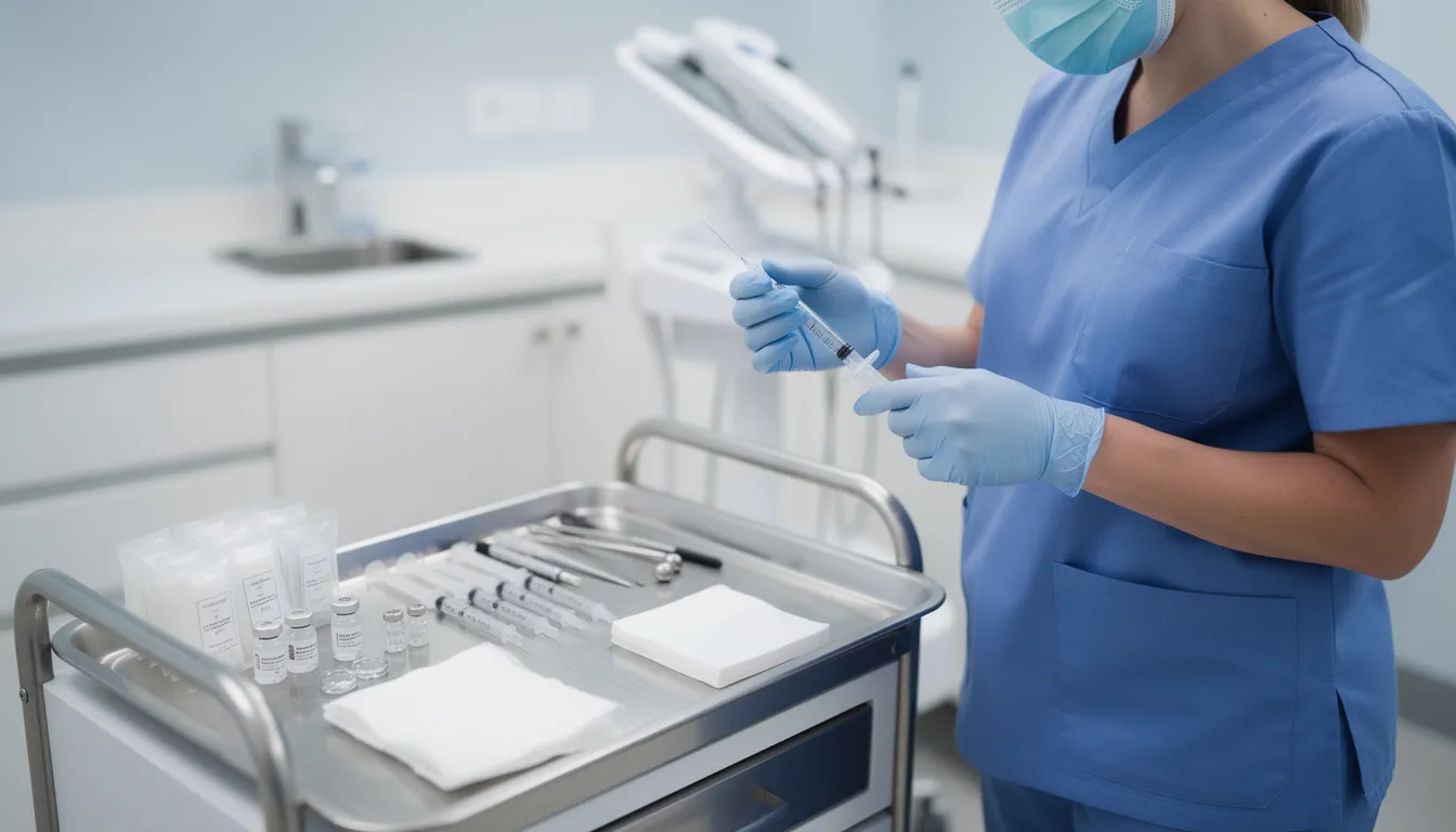 A medical professional is seen preparing for a dermal filler injection in a sterile environment, showcasing a focus on aesthetic medicine aimed at improving skin texture and restoring volume. The setup highlights the importance of safety and precision in delivering skin boosters to achieve a more youthful appearance.