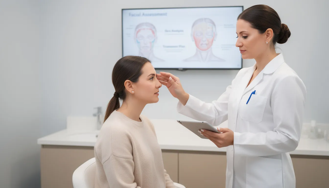 The image depicts a professional aesthetic consultation where a doctor is performing a facial assessment on a patient to evaluate their skin health and discuss personalized care options for effective aesthetic treatments. This setting highlights the importance of understanding individual concerns, such as acne scars and wrinkles, to achieve exceptional results in skin rejuvenation and overall appearance.