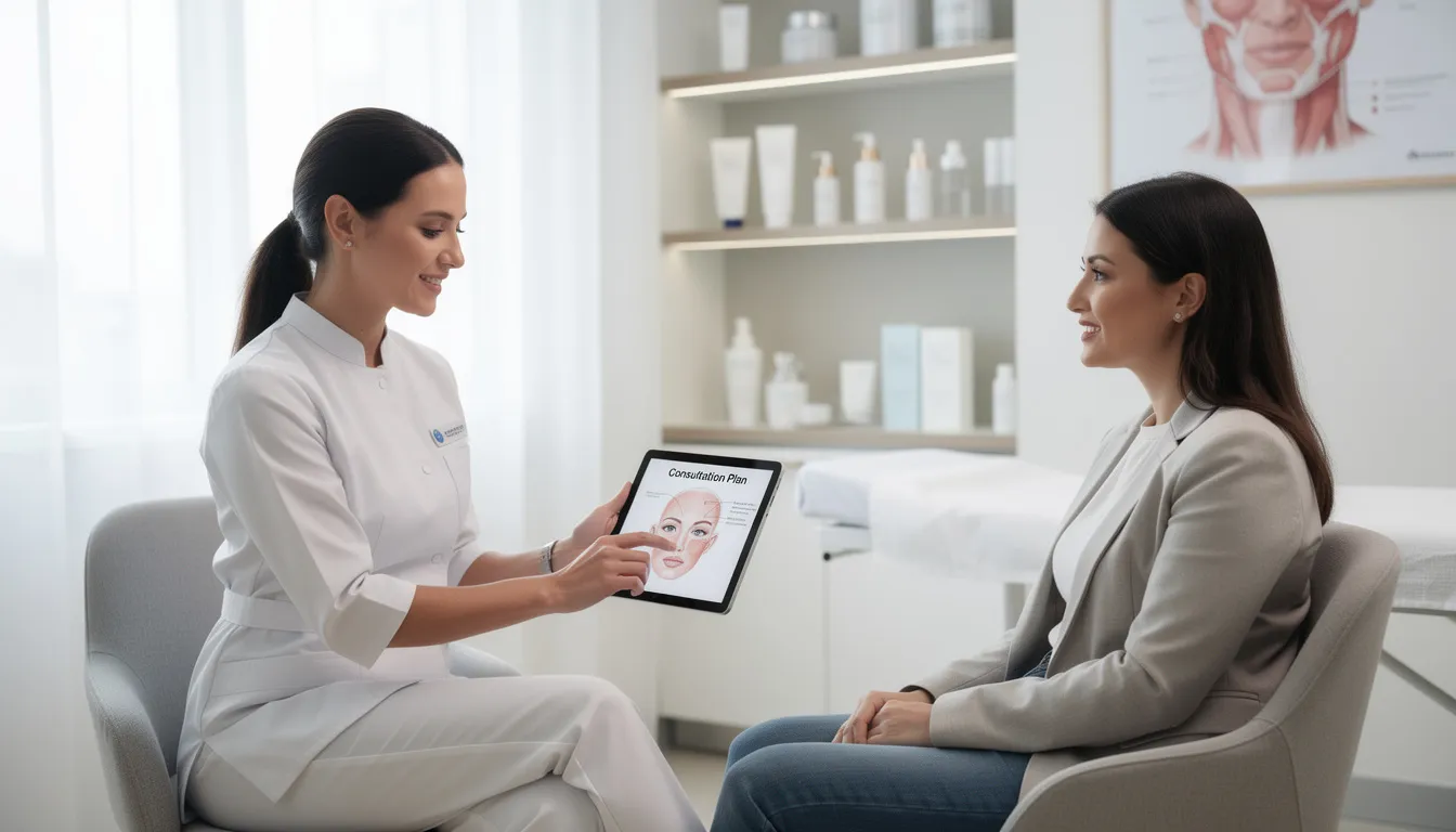 A professional aesthetic practitioner is engaged in a comprehensive consultation with a patient in a modern clinic, discussing specific skin concerns and developing a personalized treatment plan. The practitioner conducts a thorough skin analysis to identify the most suitable aesthetic treatments, aiming to improve skin texture and achieve the patient's aesthetic goals.