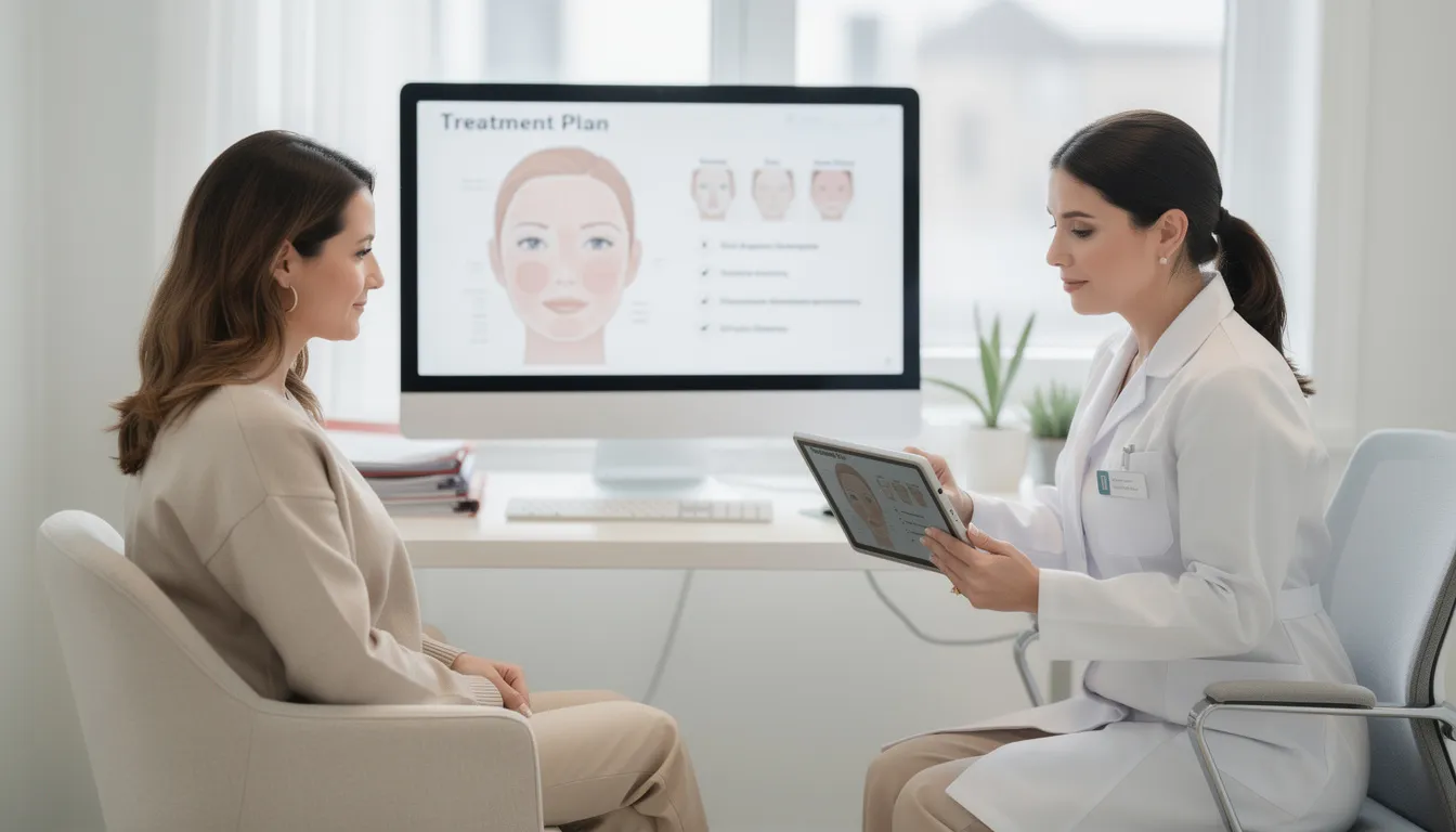 The image depicts a professional aesthetic doctor consulting with a patient, discussing various treatment options for skin rejuvenation, including high intensity focused ultrasound (HIFU) for non-surgical skin tightening and lifting sagging skin. The doctor is reviewing the benefits of stimulating natural collagen production to improve skin texture and achieve a youthful glow.