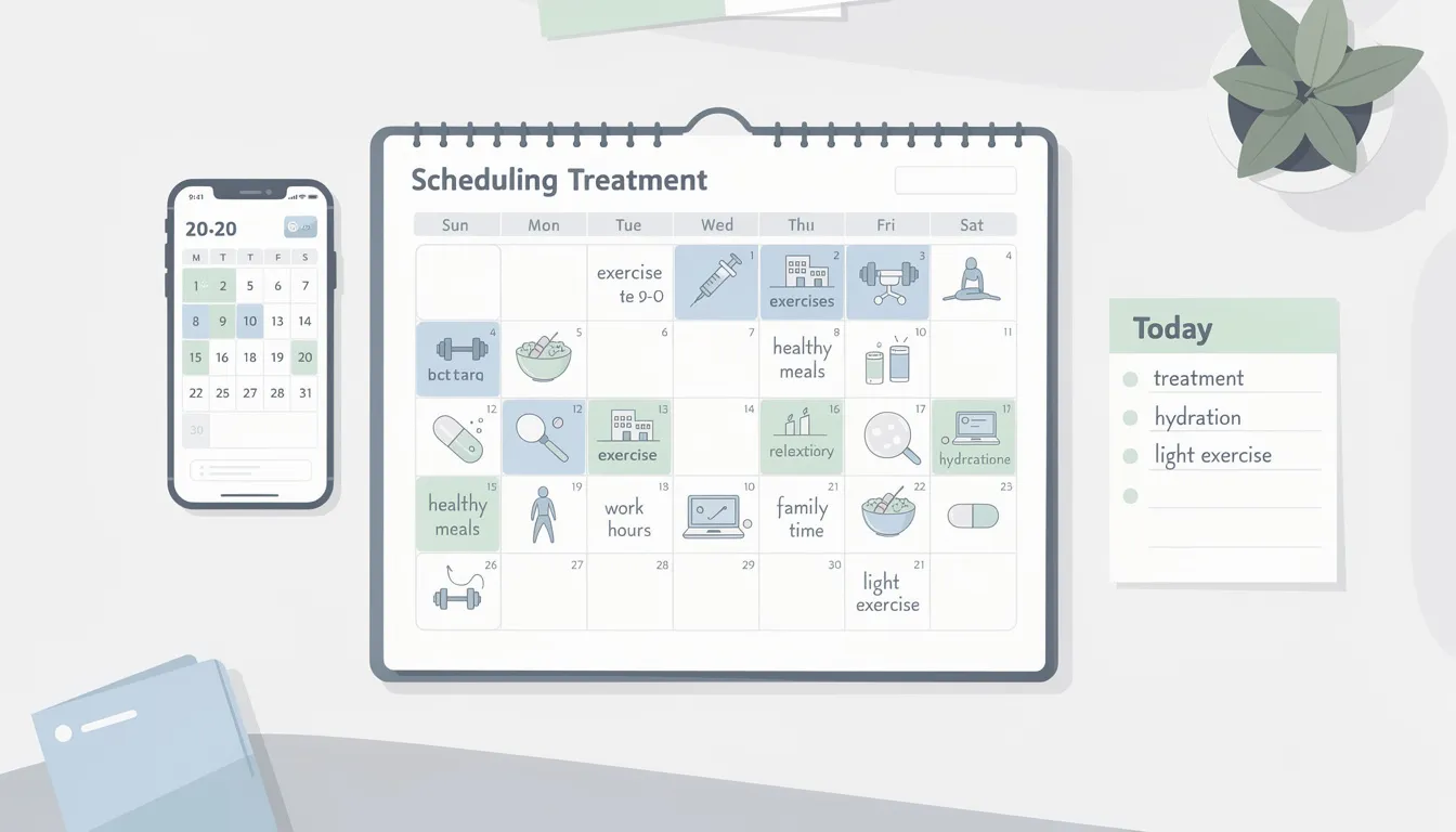 The image depicts a calendar filled with scheduled treatment appointments at an aesthetic clinic, highlighting various cosmetic procedures such as injectable fillers, laser treatments, and acne scar treatments. It emphasizes the importance of considering lifestyle habits and medical history for achieving long-lasting results and improving skin texture.
